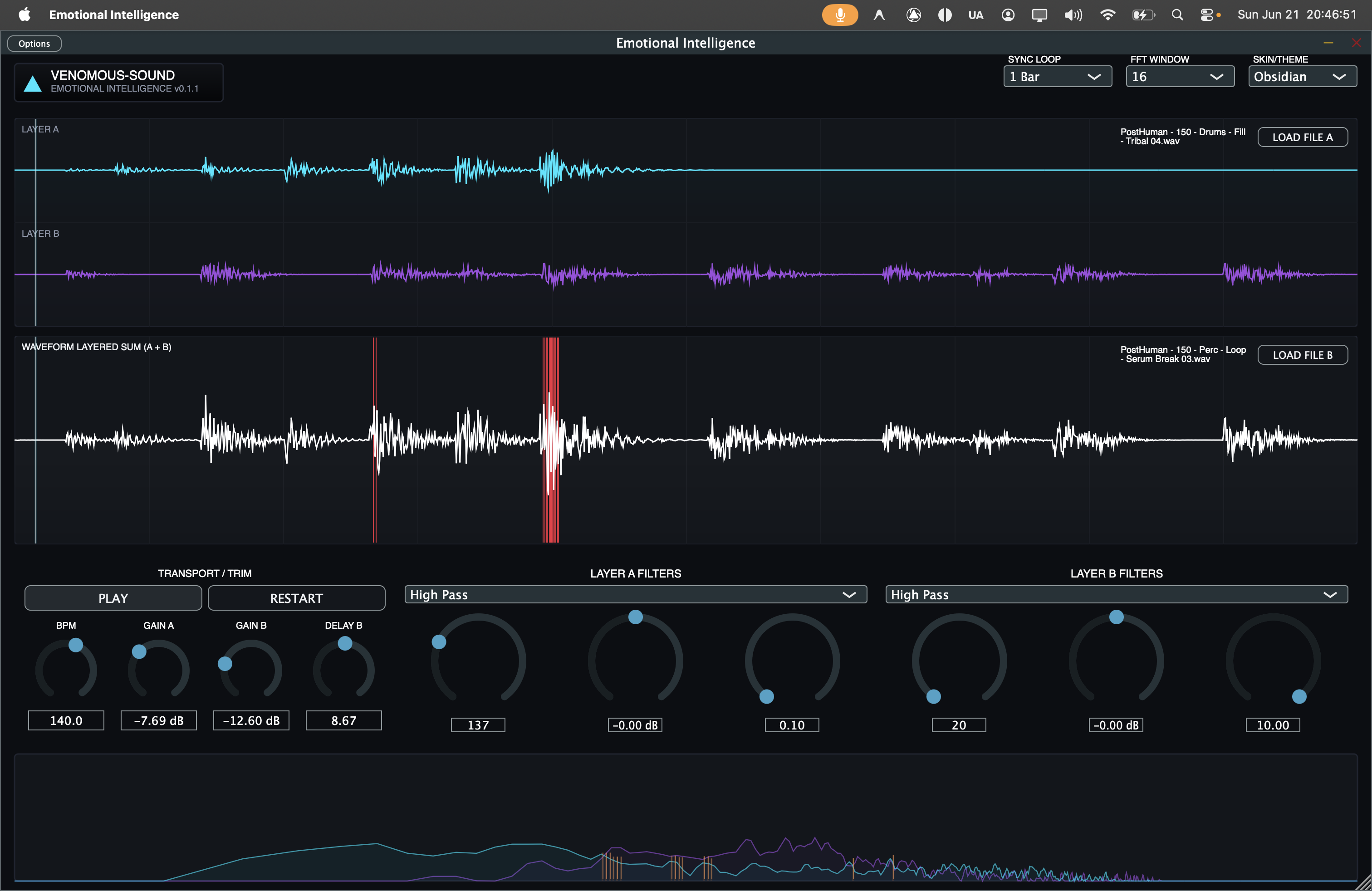 Early standalone Emotional Intelligence phase and time alignment interface with the macOS menu bar visible
